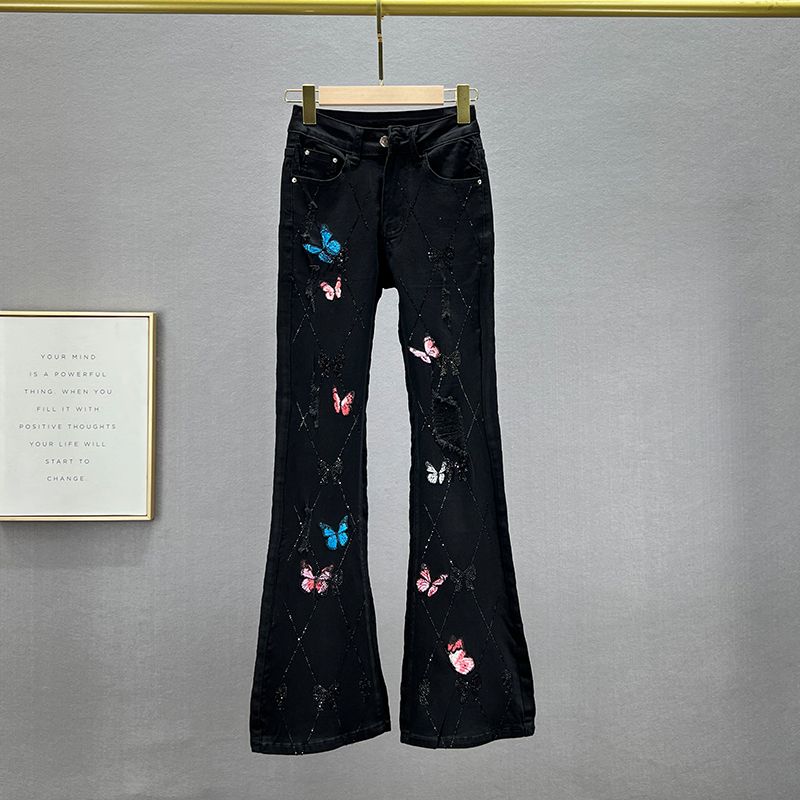 

High Waist Silm Slim Looking European Goods Diamond Embroidered Bell-Bottom Pants Black XL