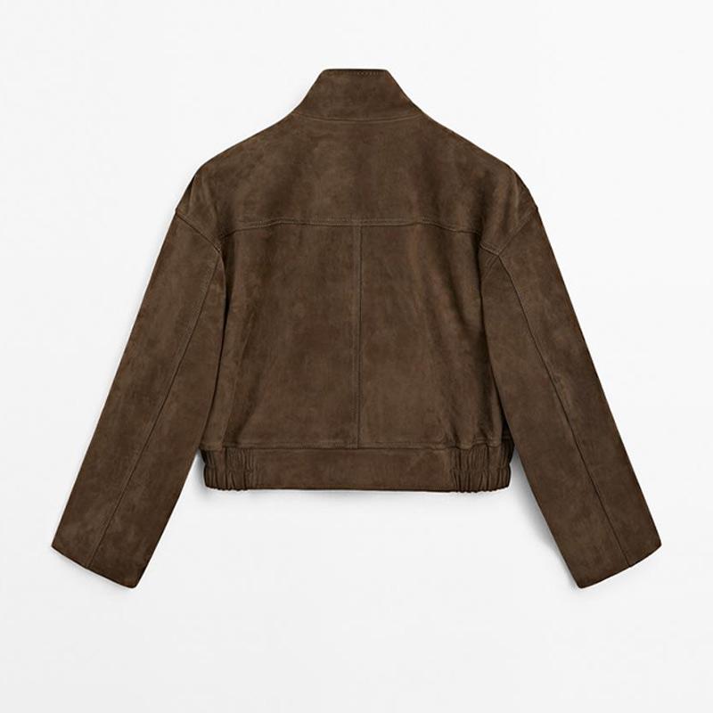 Vintage Women's Suede Bomber Jacket Fashion Lapel Zipper Full Sleeve Female Coats Spring Lady Elegant Casual Streetwear