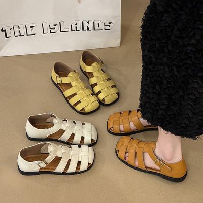 Summer New One-word Sandals Metal Buckle Bag Head Rubber Flat Bottom Low Heel Roman Sandals Women