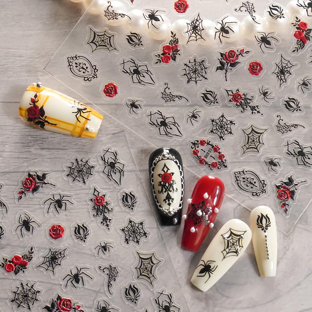 Dark Night Rose Spider Nail Stickers - Vintage Red Rose Spiderweb Halloween Self-Adhesive Nail Decorations