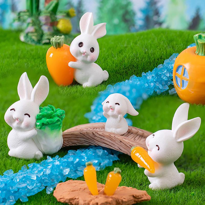 Mini Cartoon Rabbit Carrot Micro Landscape Figurines Desktop Decoration Gardening Animal Resin Home Accessories Easter Ornament