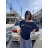 [Pure Cotton] Letter Printing Short-sleeved Off-the-shoulder T-shirt Women's Loose Top Navy Blue White Gray