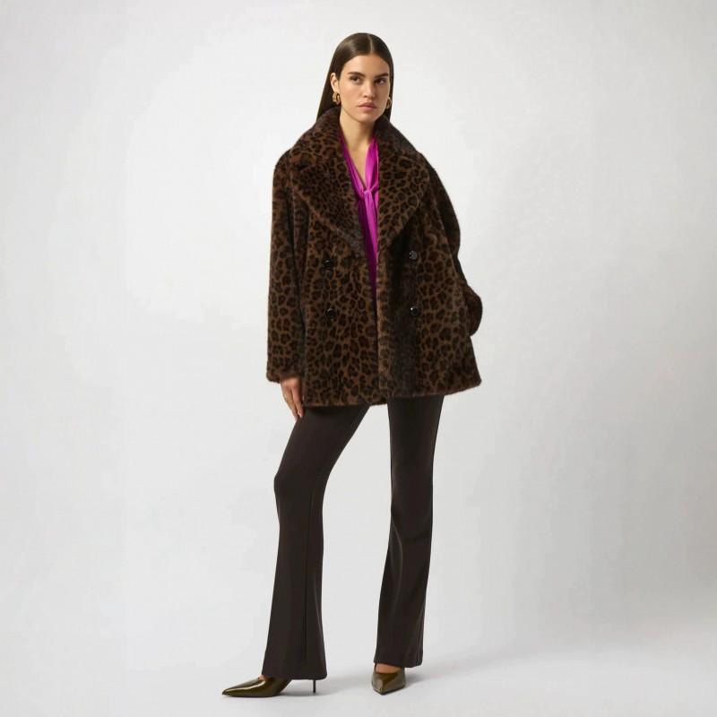 Leopardmønstret Faux Fur Frakke Dame Oversized Dobbeltknappet Blazer Krave Mellemlang Varm Vinter Ydertøj