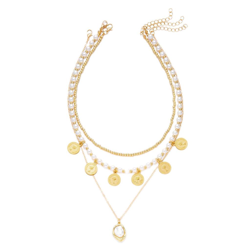 European & American Style Multi-layer Pearl Coin Necklace with Baroque Pendant and Clavicle Chain
