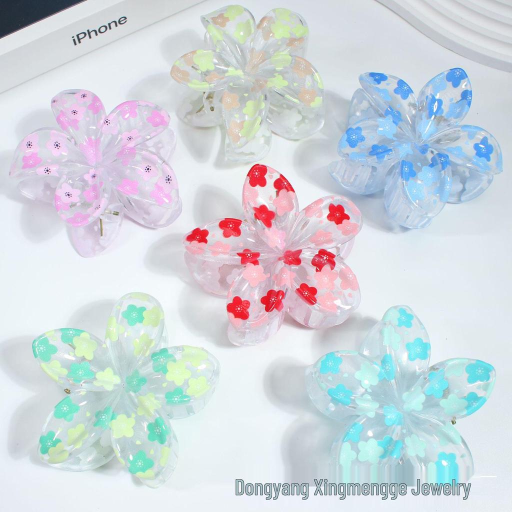 Frangipani Flower Colorful Hair Claw Clip, Transparent Five-Petal Design