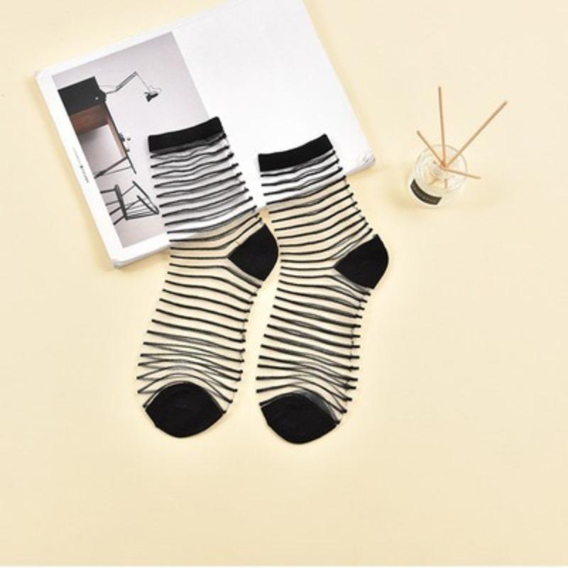 Women Ladies Spring Thin Classic Boat Socks Summer Breathable Plaid Stripes Dots Transparent Women Crystal Silk Japanese Socks