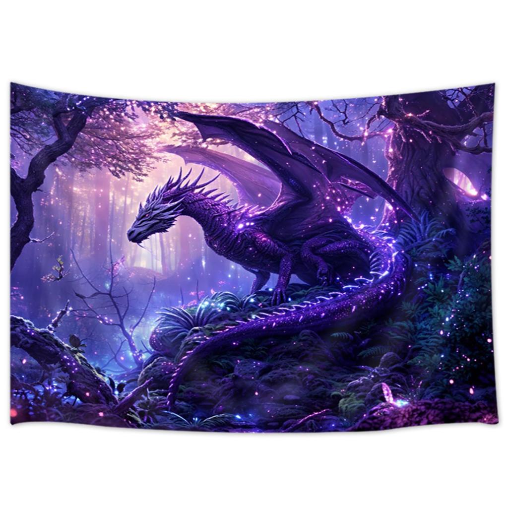 Purple Dragon Tapestry Medieval Fantasy Animal Cool Tapestry Wall Hanging For Bedroom Aesthetic, Psychedelic Magic Forest Tree