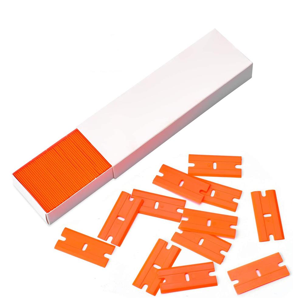 TOFAR 100pcs Double Edged Plastic Razor Blade Lable Clean Glue Remover Window Glass Cleaning Scraper Car Wrap Sticker Squeegee