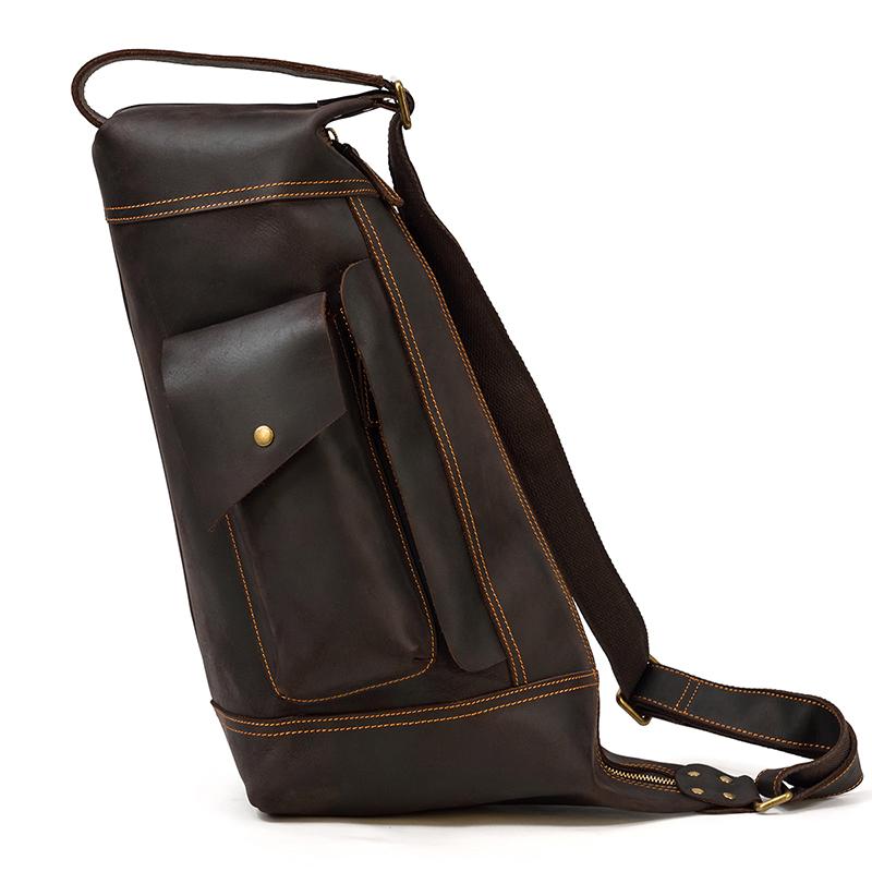 Retro Big Leather Chest Bag For Sports Hiking Biking Crossbody Bags Crazy Horse Leather Men Male Chest Packs Single Shoulder Bag