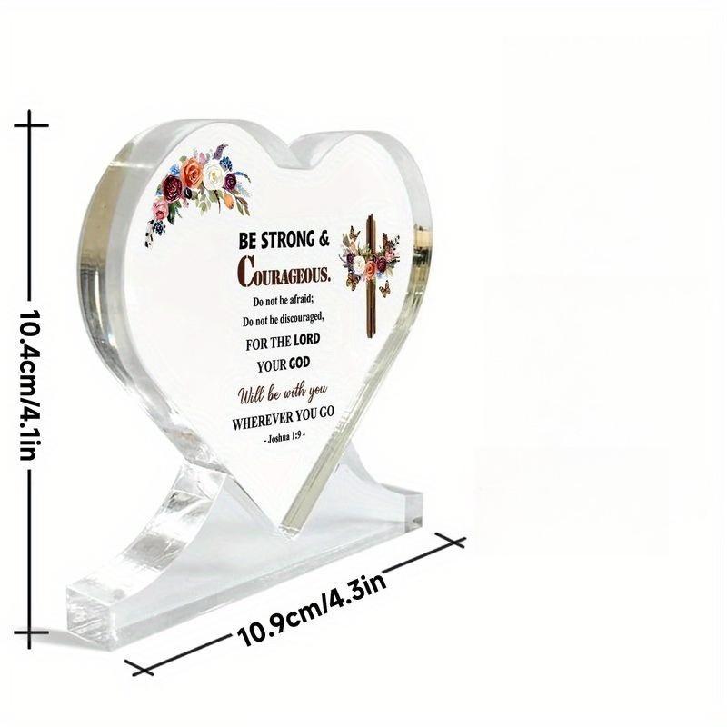 Inspirational Christian Scripture Cross Decor - Acrylic Heart-Shaped Desk Ornament with Joshua 1:9 Verse, Floral Design, Perfect for Home, Office, o