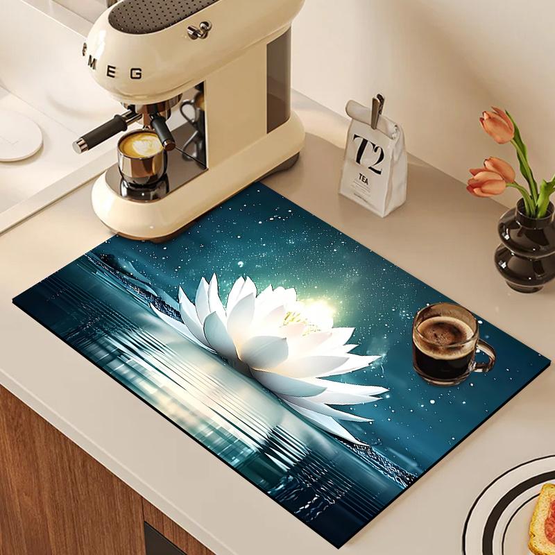 1Pcs Rubber Drying Mat With Lotus Pattern For Coffee Shop Restaurant Kitchen Carpet Tableware Durable Diatom Mud Table Mat Pet Mat Coffeeware