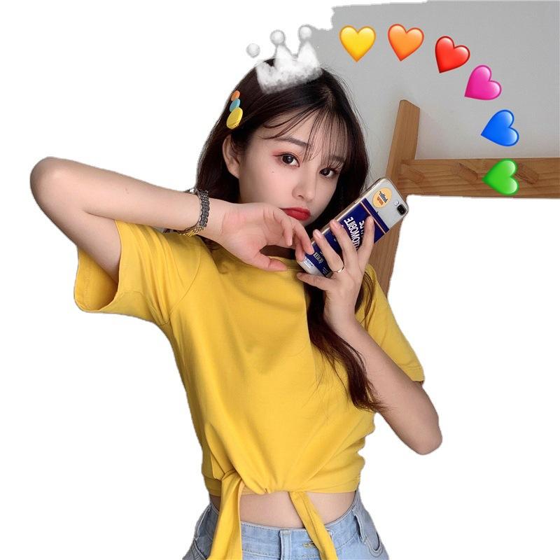 Sommer Neu Koreanische Version Mode Hohe Taille Kurzes Einfarbiges Sorgfältiges Maschinendesign T-Shirt Damen