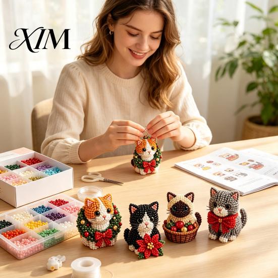 Festliches Feiertagsgeschenk 3D Perlen-Bastelset, Lebensechtes Weihnachtstier-Perlenbastelset, Partygeschenk Handgemachtes Einfaches Stickset für Kinder und Erwachsene Katze