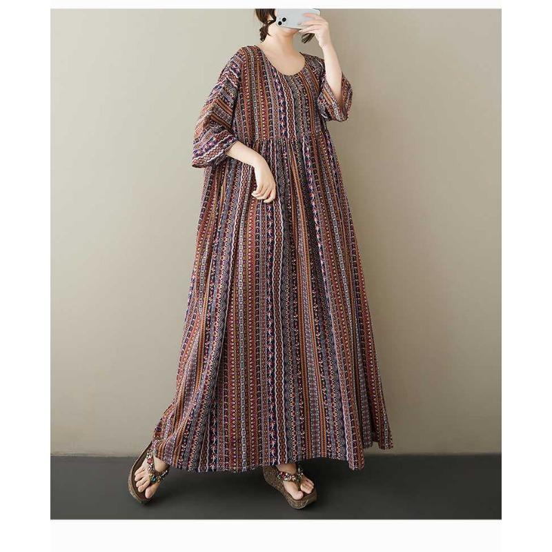 Summer Retro Age Reducing Ethnic Style Round Neck Short Sleeved Striped Dress