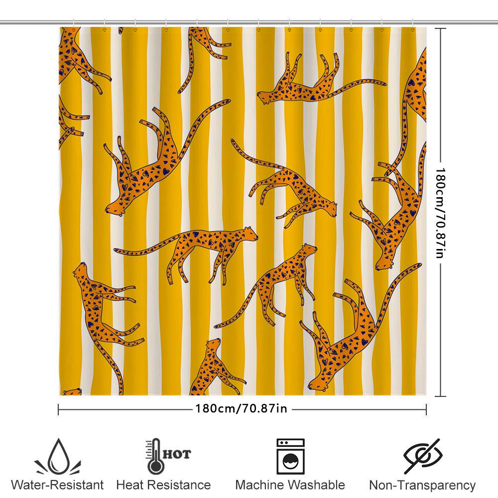 Yellow Striped Shower Curtain With Leaping Leopard Pattern Bathroom Decor For Home Decoration