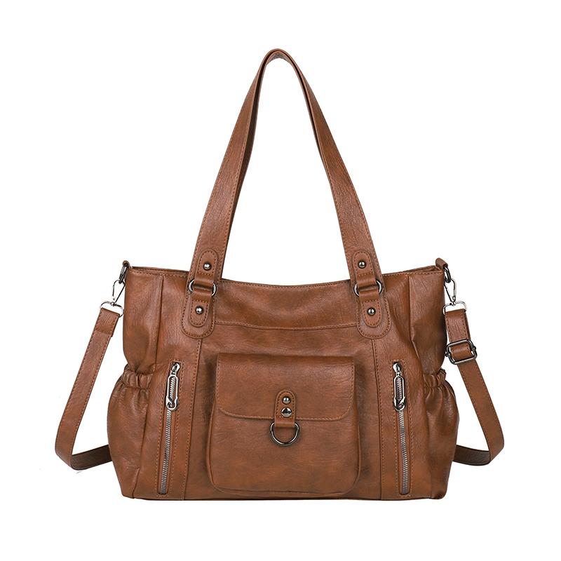 Fashionable PU Tote Bag Women s Multi Pocket Handbag with Adjustable Shoulder Strap Everyday Carry Bag коричневый