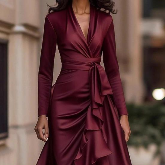 Women's Satin V Long Sleeve Split A-Line Wrap Dress Dress Tie Waist Neck Ruffle