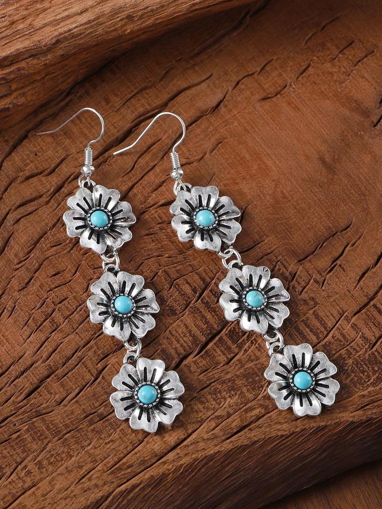 1 Pair Boho Flower Pendant Earrings with Turquoise Stone,Tassel Decor, Women’s Western Vintage Style Wedding Bohemia Jewelry Gift
