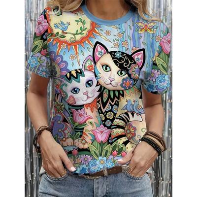 2025 Summer New Creative Fun Cat Print T-shirt Loose Casual Round Neck Boutique Women's Fashion