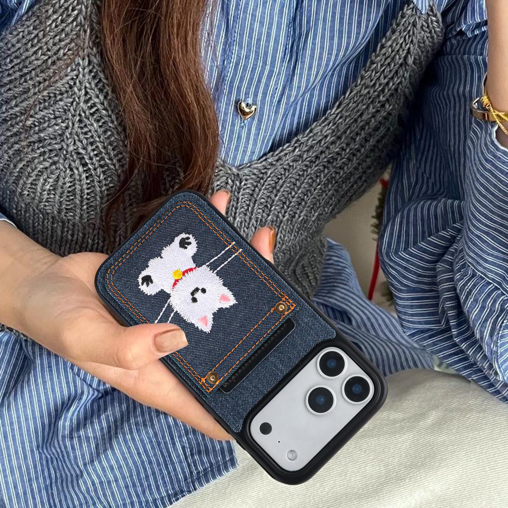 Cartoon Denim Embroidered Dog Faux Leather Phone Case Card Holder Premium Stylish for iPhone 17 Pro Max/17Air Pro