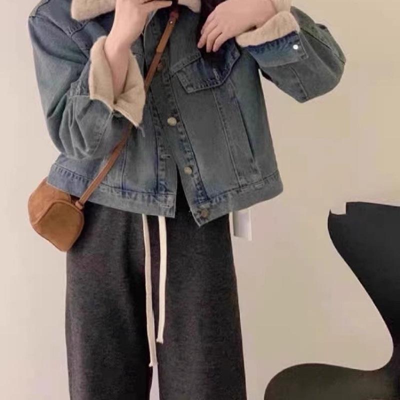 Nouvelle Veste en Jean Bleu Rétro Épaisse en Velours Modèles Automne et Hiver pour Femmes