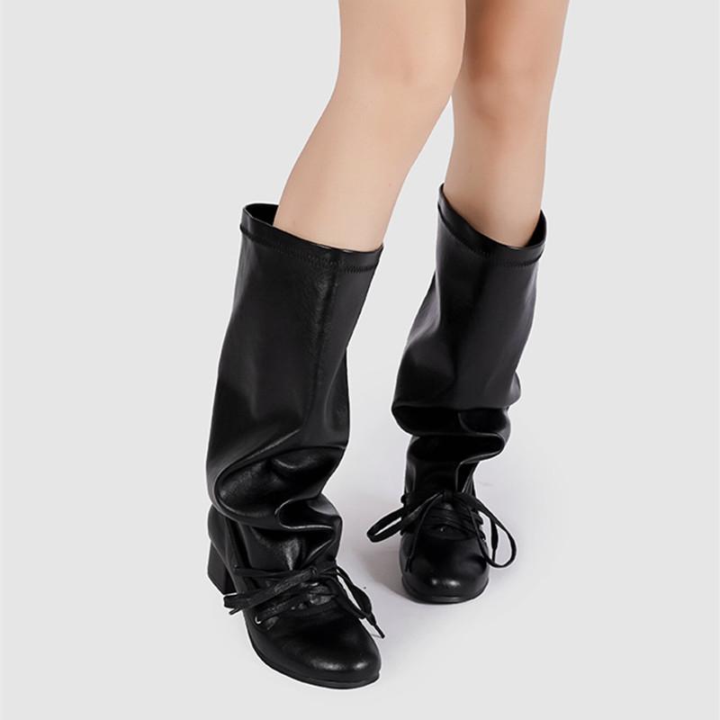 Ins style Fashion Round toe Soft Leather Pleated Women Knee-high Boots Autumn Winter Thick Heeled Casual Punk Knight Boots Shoes
