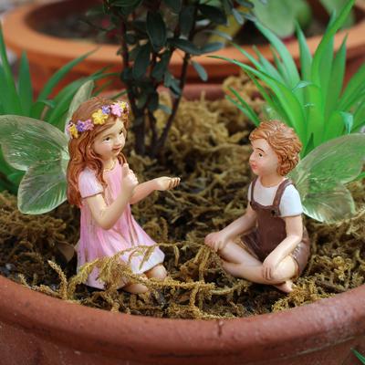 2pcs Set Creative Chat Flower Fairy Resin Ornament Creative Micro Landscape Flower Pot Decoration Ornament Fairy Garden Ornament