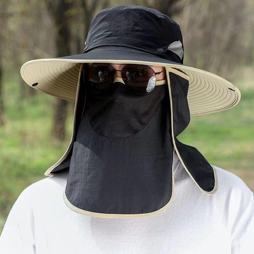 Men's Outdoor Sun Protection Hat Removable Face Cover Breathable Fishing Bucket Hat Wide Brim Labor Sunshade Cap for Hiking Camping