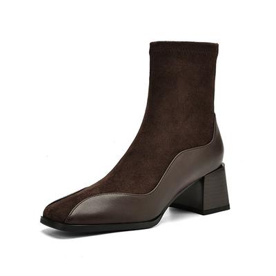 Cow Skin Flock Autumn Winter Shoes Big Size Modern Boots Med Heels Patch Work Square Toe Keep Warm Size 43 Ankle Boots