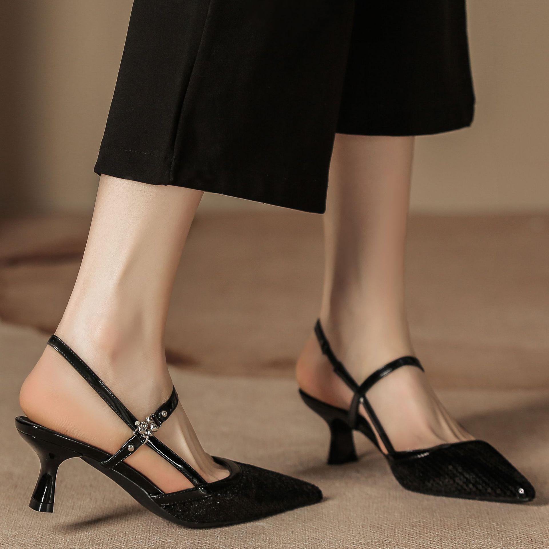 

H963-1 black half bag head high heel sandals pointed head thin heel summer women s shoes sheepskin insole small fragrant wind beads one-sided 34 чорний
