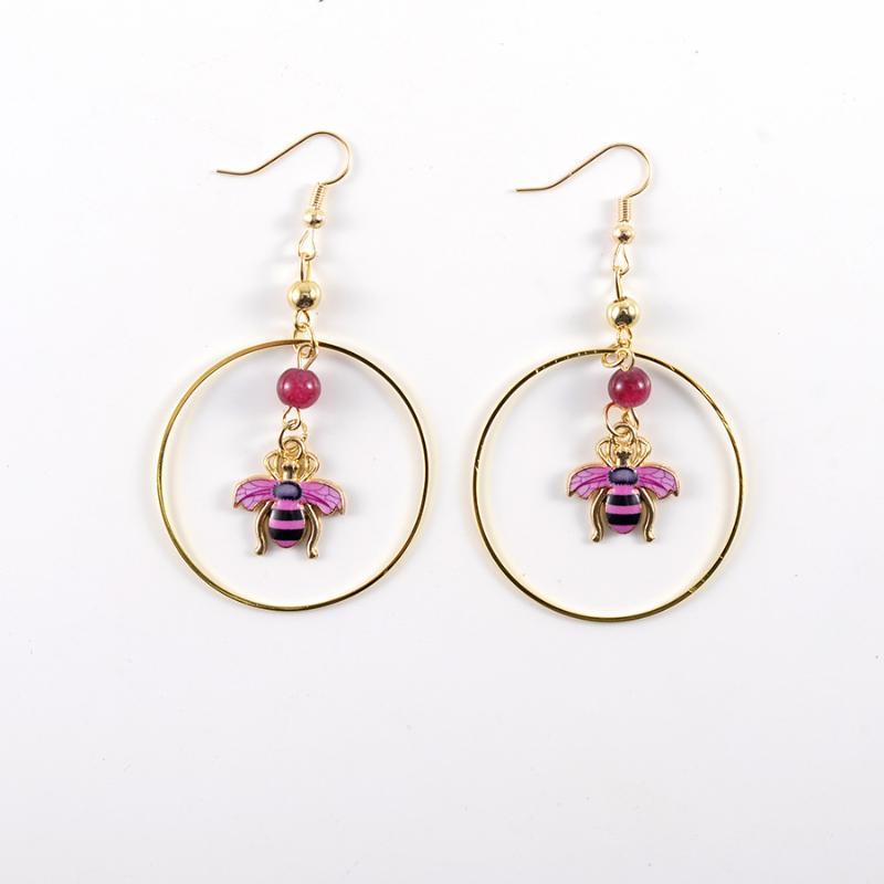 Rust-proof Gold Plated Hoop Dangle Earrings Enamel Bee Charm Red Bead Accent for Women Casual Daily Wear Gift