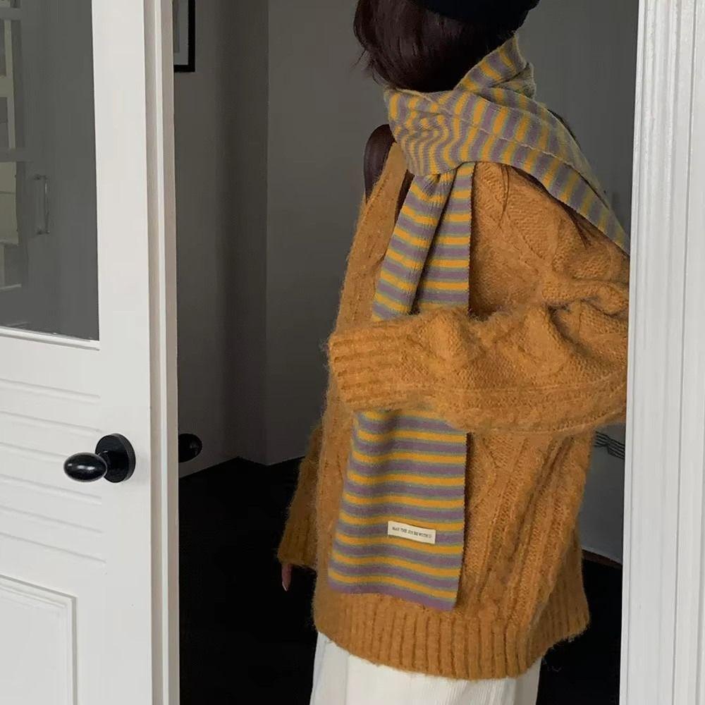 Windproof Y2k Knitted Scarves Korean Style Women Neckerchief Fashion Knitted Stripe Scarf Female