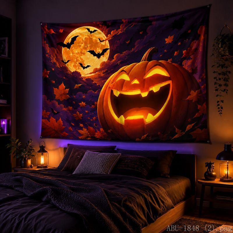 Halloween Tapestry Pumpkin Bat Maple Leaf Printed Wall Hanging Bedroom Living Room Party Wall Background Decor Hanging Cloth