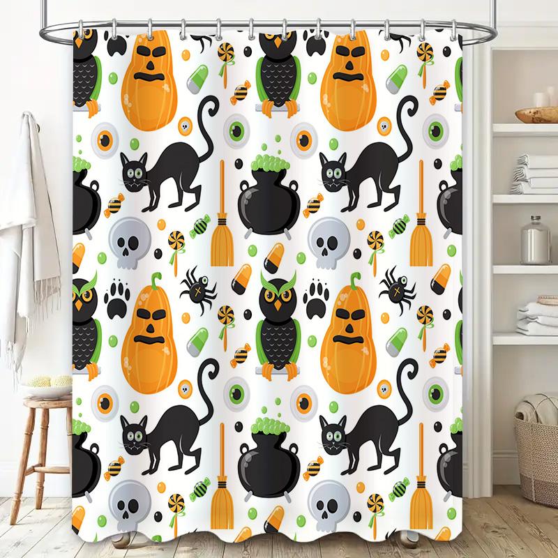 Halloween-themed shower curtain with pumpkin, cat, witch hat, skull design, suitable for home bathroom decoration white size 180