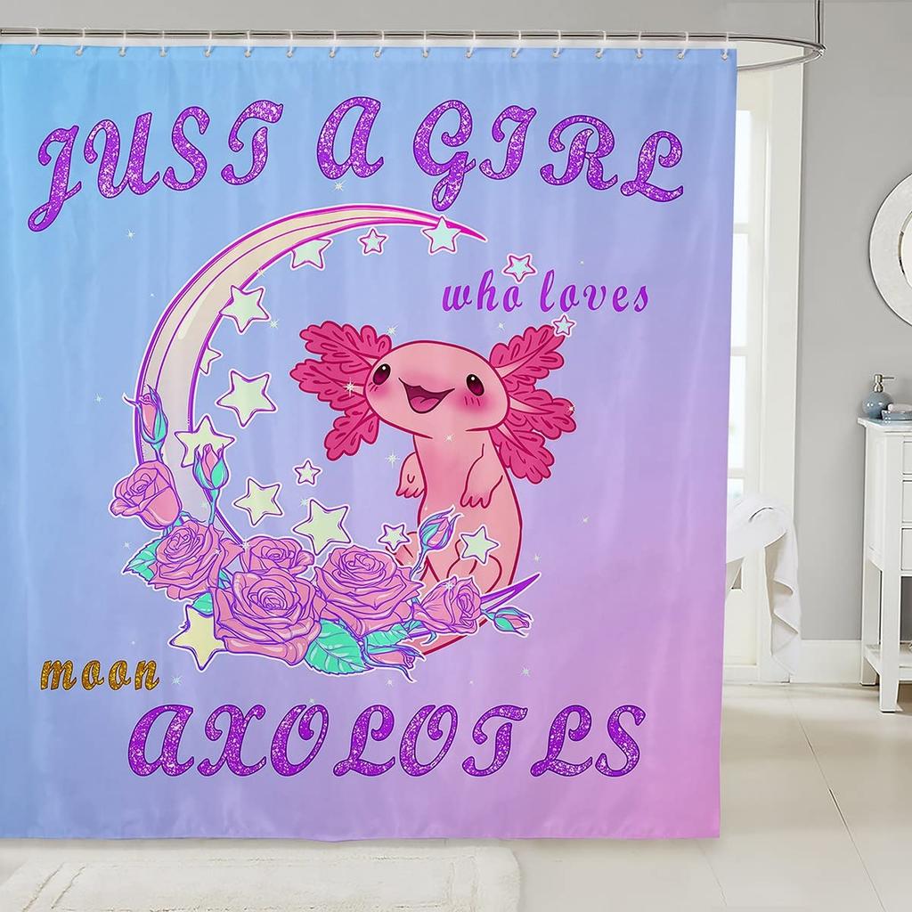 Süßer Axolotl-Duschvorhang, Kawaii-Cartoon-Salamander-Badezimmervorhang mit Haken, Wasserdichte Duschvorhänge für Badewannen-Dekor