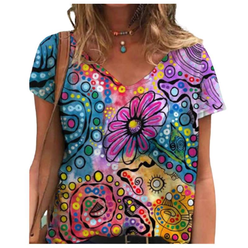 Short Sleeved V-neck 3d Printed Street Trendy Short Sleeved Multi-color Loose Fit Women's T-shirt