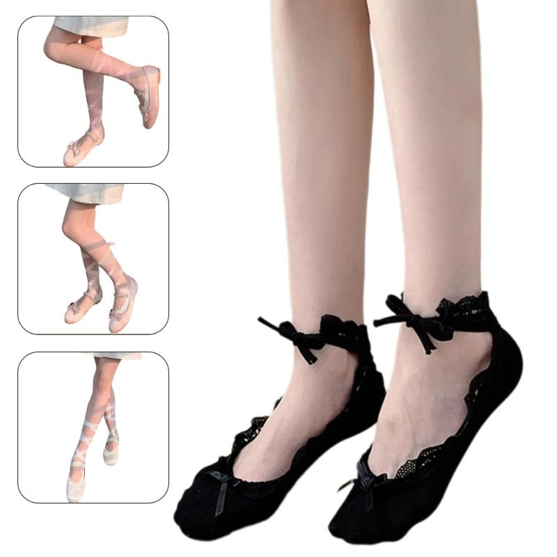 Women Crisscross Ribbon Bandages Low Cut Antislip Cotton Socks Japanese Style Dancing Party Solid Invisible Short Socks