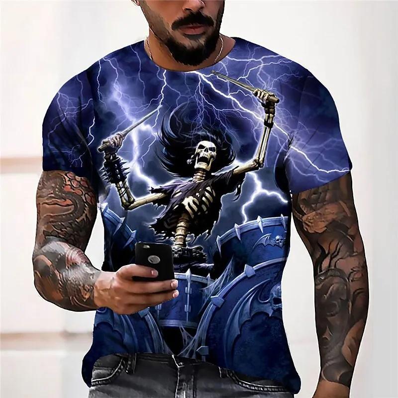 Sommar Rundhals 3D Skalle Tryck Topp Trendiga Casual Kortärmade Herr T-shirts