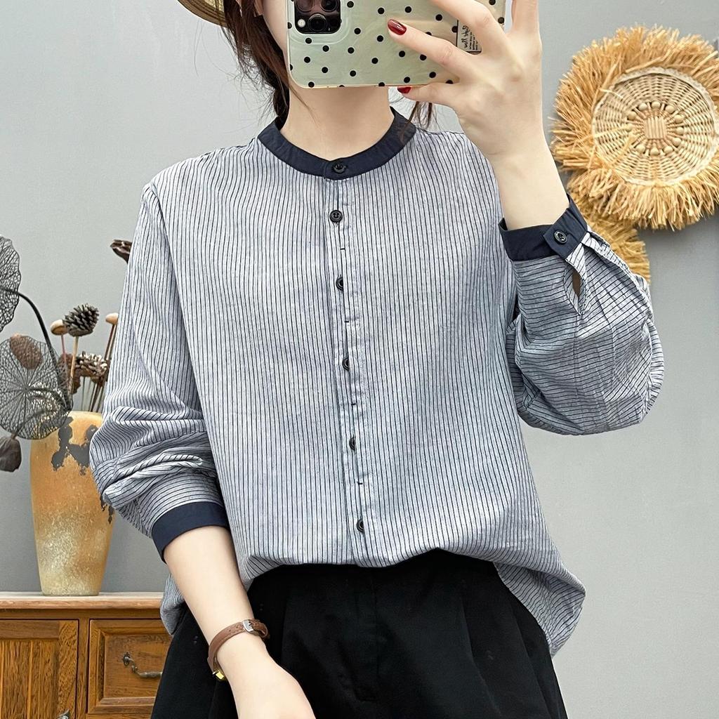 Women's Pure Cotton Striped Stand Collar Long Sleeve Shirt, Loose and Slimming Fit