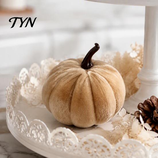 Velvet Stuffed Pumpkin Small Artificial Decoration, Fall Thanksgiving Soft Seasonal Floral Scene Accents Ornament, Autumn Harvest Tabletop Centerpiece