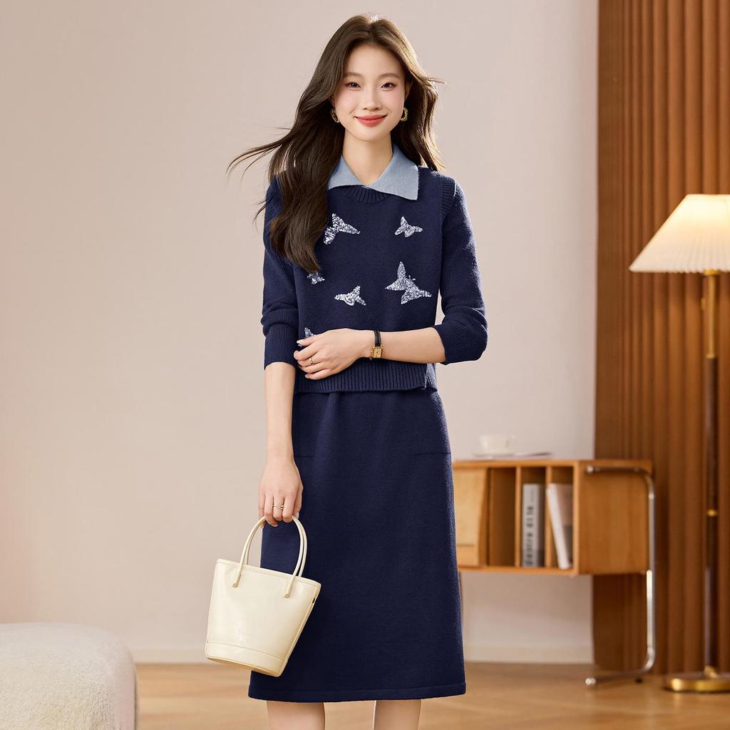 Damski dzianinowy zestaw dwuczęściowy: Kamizelka z okrągłym dekoltem i kardigan o średniej długości z długim rękawem Sukienka wełniana
