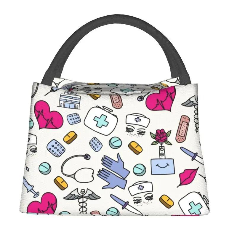 Nurse Nursing Tool Pattern Insulated Lunch Bag for Work Office Resuable Thermal Cooler Bento Box Women