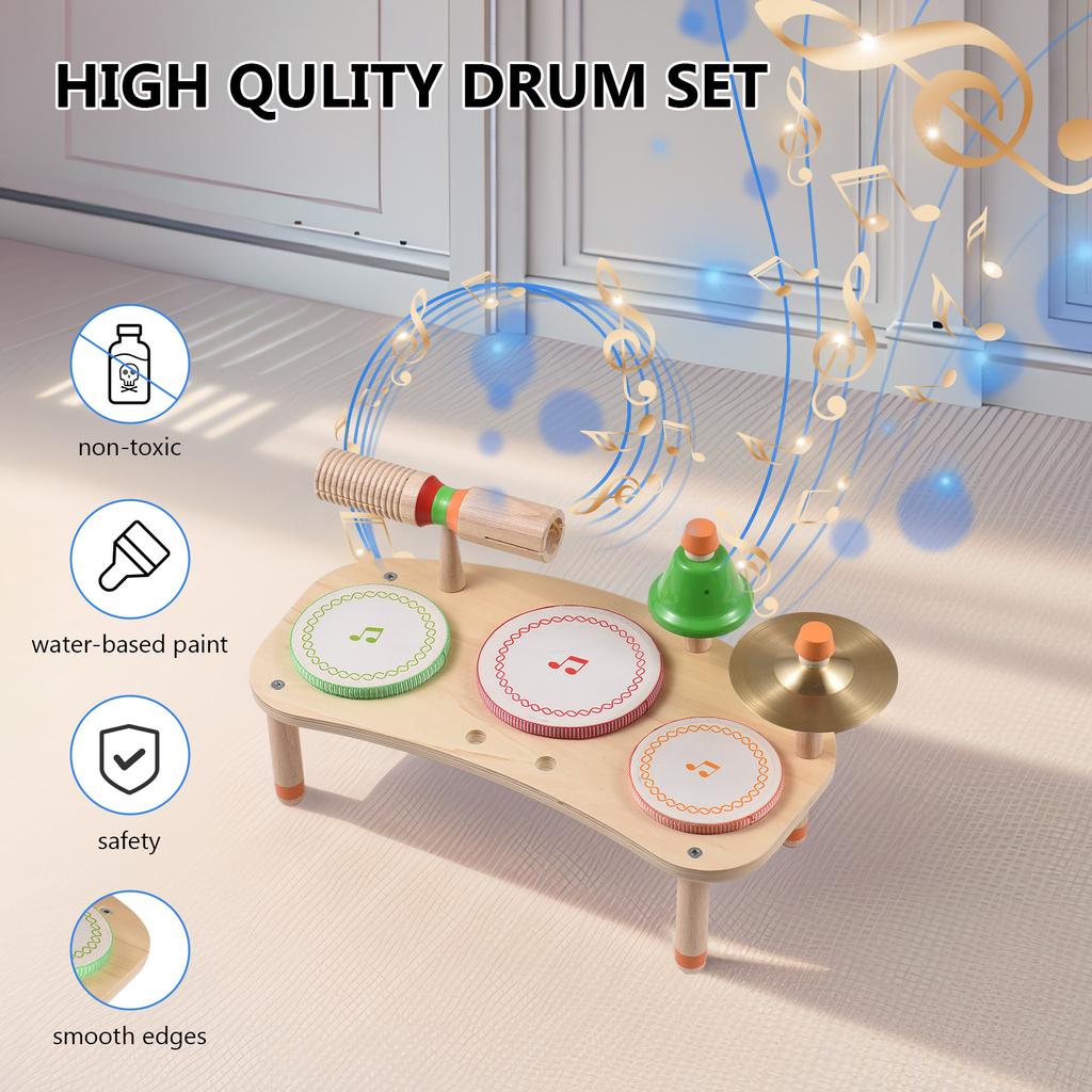 Drum Set 7-in-1 Desktop Drum Portable Detachable Drum Kits Percussion Instrument Natural Wood