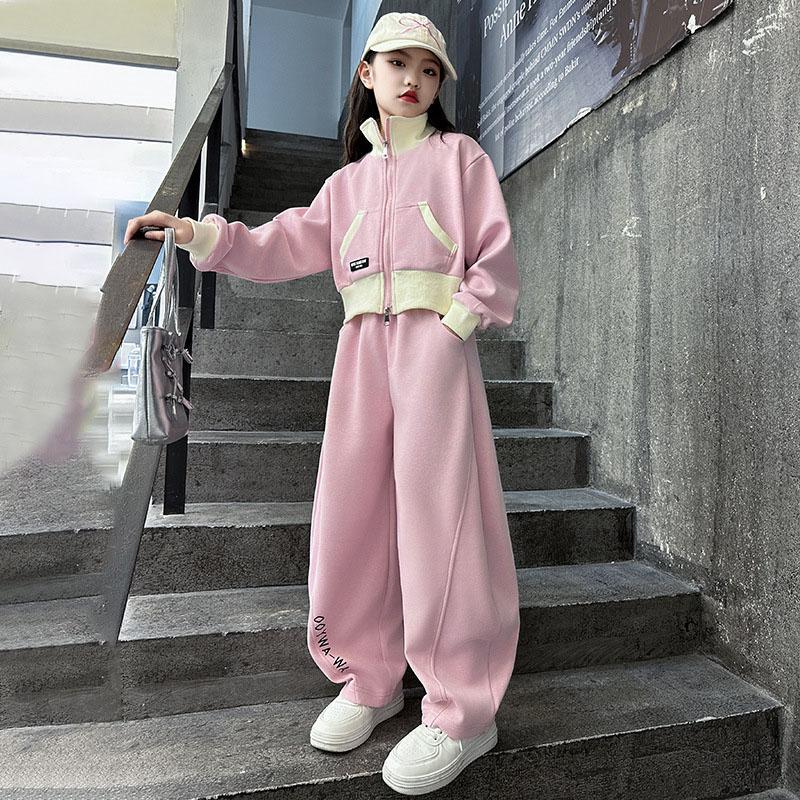 Autunno Primavera Adolescente Bambini Ragazza Bambini Set Crop Top Giacca Tuta Felpa + Pantaloni a Gamba Larga 5 6 7 8 9 10 11 12 Anni