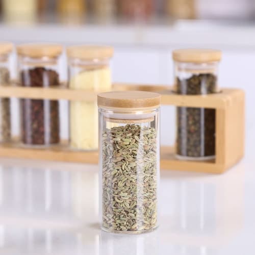 KKC Spice Bottles with Spoons, Airtight Glass Spice Jars, 6-Piece, 100ml, for Seasoning Storage, Flavorings: Cinnamon, Star Anise, Cumin, Pepper