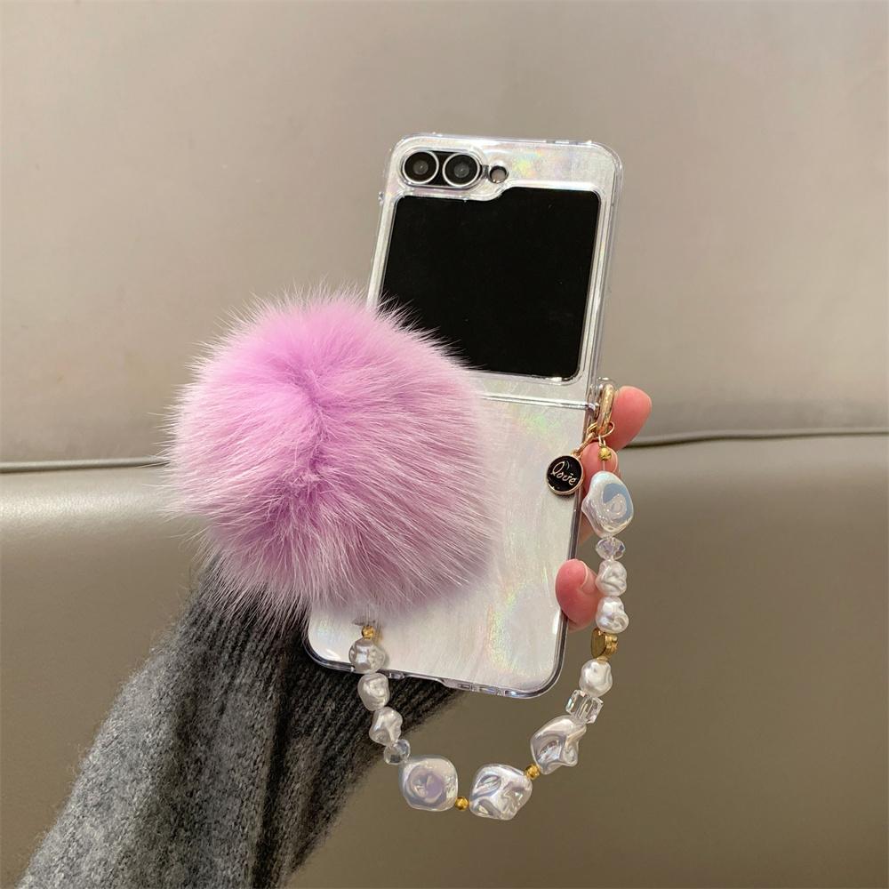 Aurora Gradient Hairball Bracelet Case for Samsung Galaxy Z Flip 6 5 4 3 flip6 Furry Wrist Chain Laser Colorful Shockproof Cover