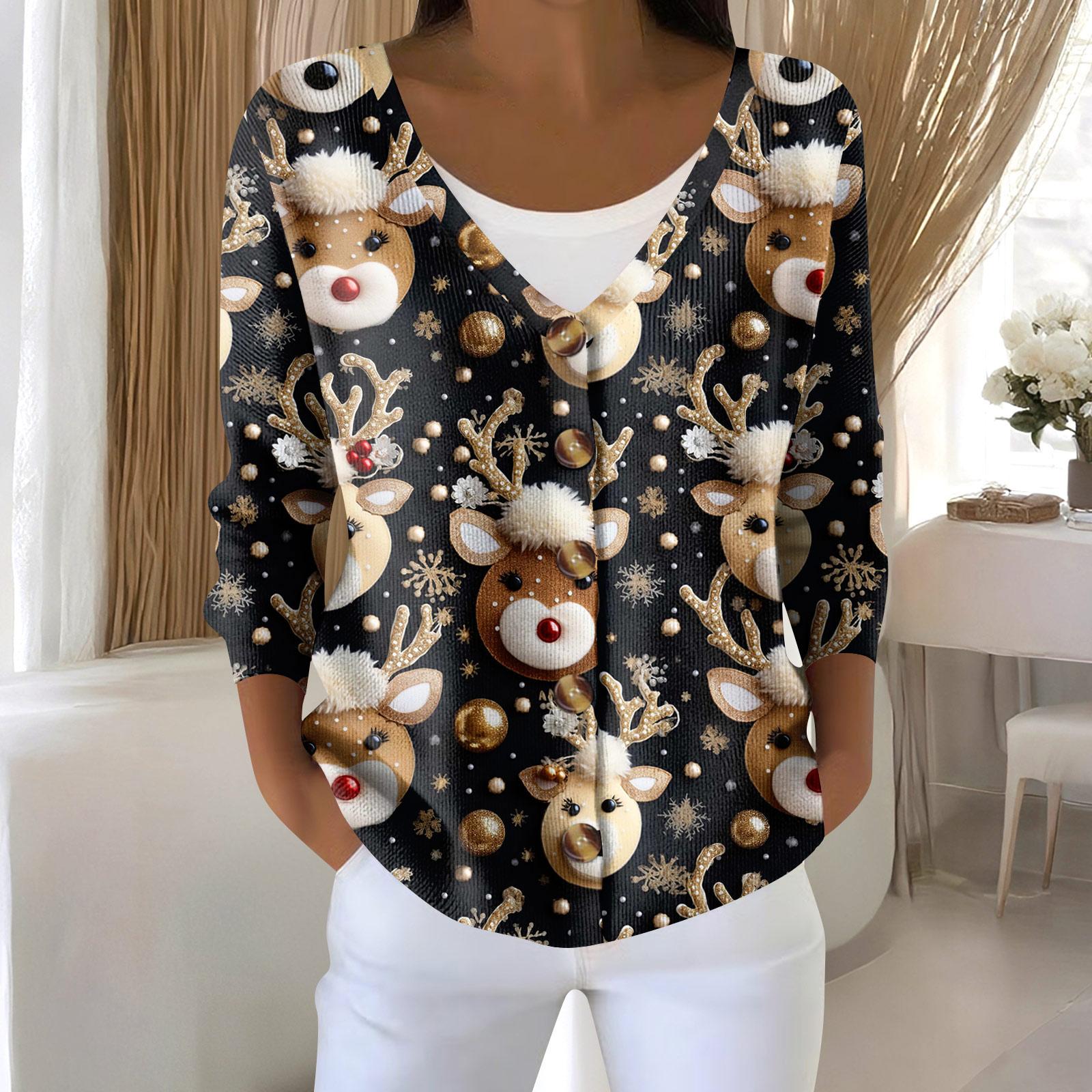 

Женская мода с длинным рукавом, рождественский принт «Снеговик-снежинка», куртка, кардиган L чёрный