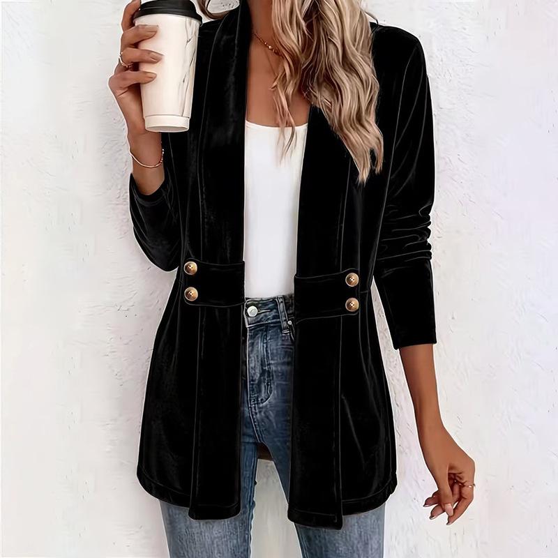 New autumn and winter women's golden velvet versatile cardigan solid color loose double-breasted medium and long coat