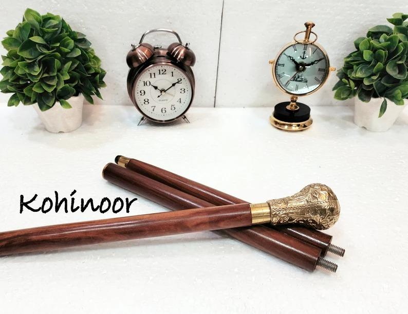 Walking Cane: Brass Flower Handle, Foldable Wooden Stick