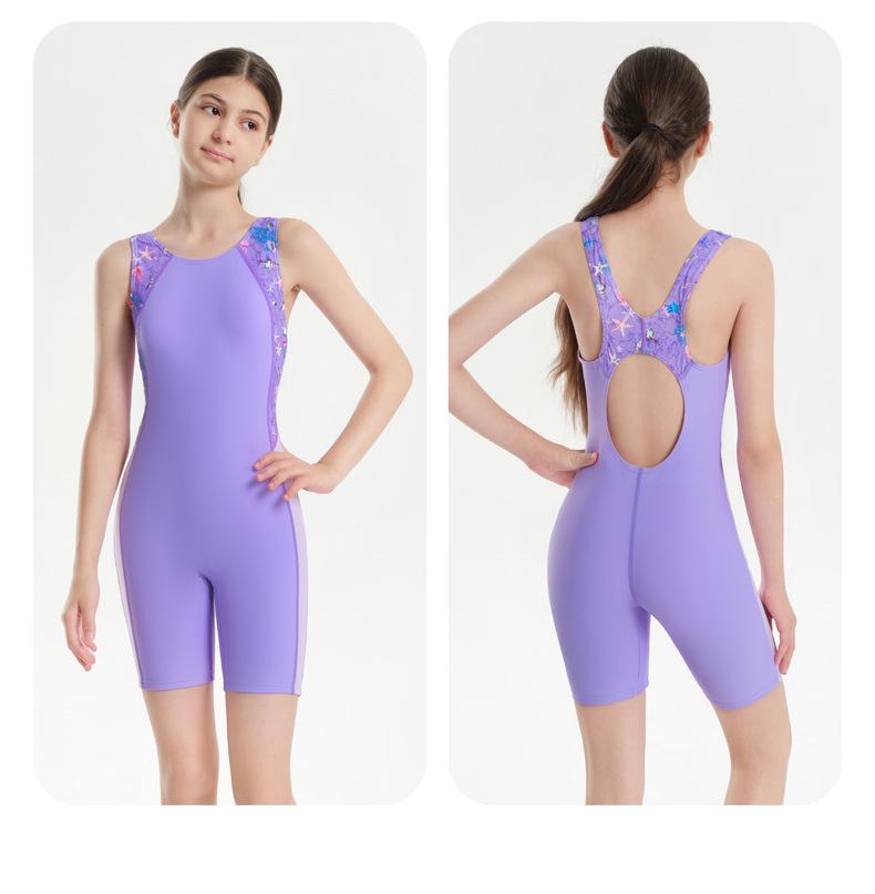 Girls Quick-Drying Boyshort Swimsuit with Removable Chest Pads - One-Piece Swimwear for Kids 2XS (No Chest Pads) фиолетовый
